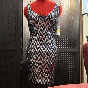 Navy Blue and Silver Chevron Mini Dress